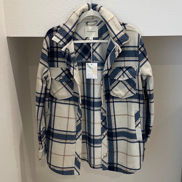 NWT Thread & Supply Blue / Tan Plaid Fleece Shacket (Size S) - Picture 2 of 8